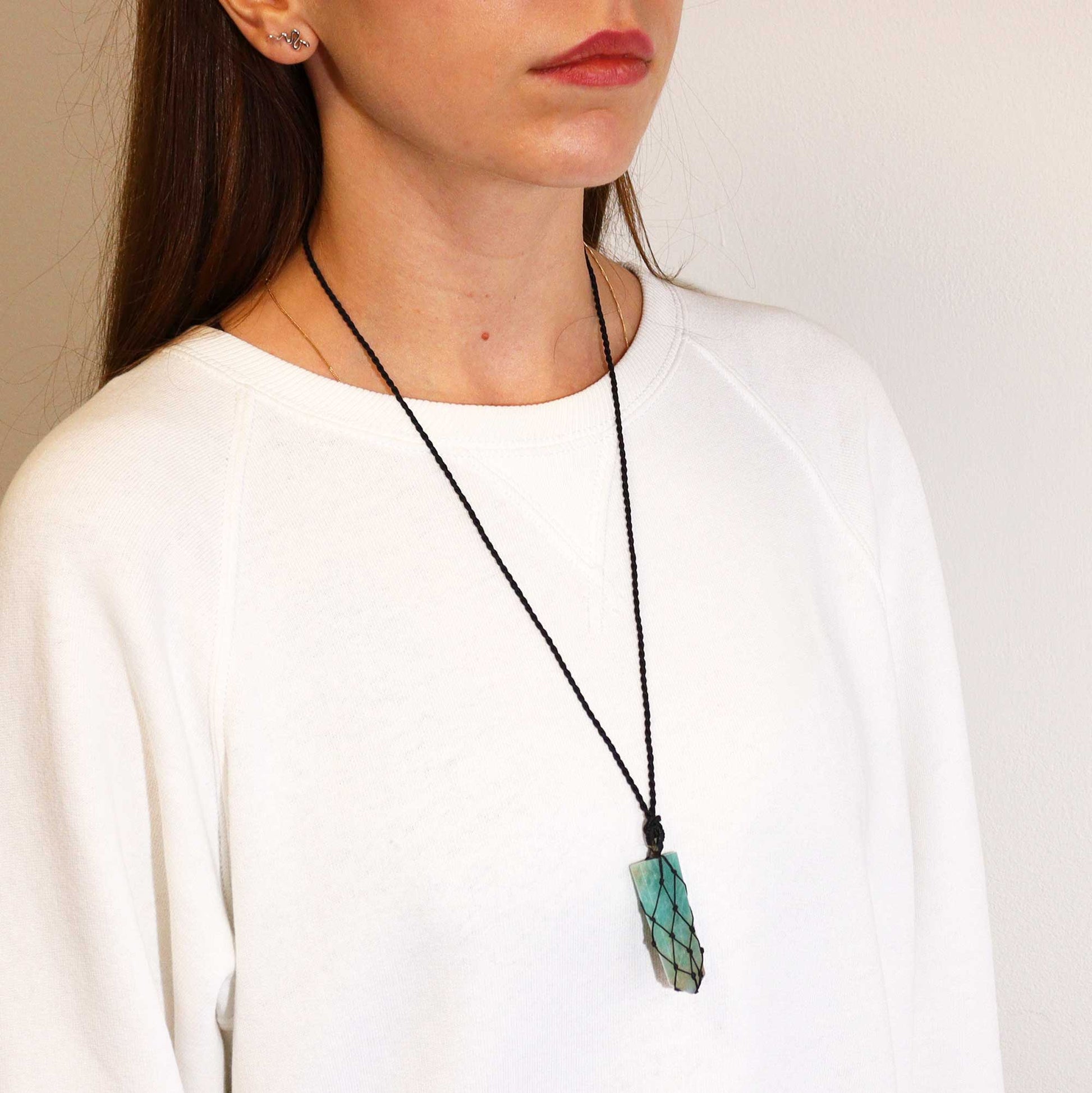 Amazonite Crystal Pendant With Adjustable Woven Necklace