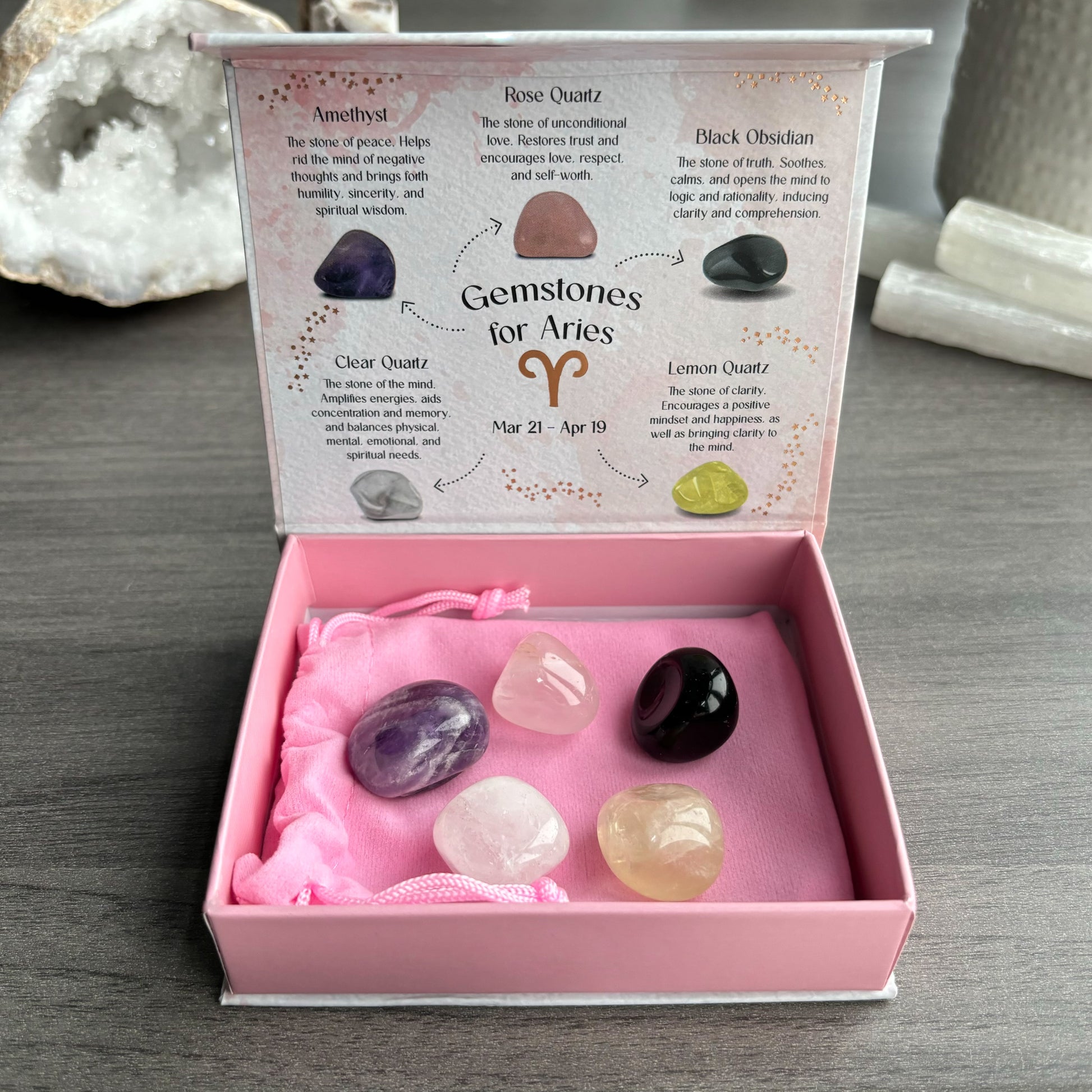 Discover the perfect gift for Aries with this set of five stunning crystal tumblestones. Each stone is hand-selected for its passion, fire, and determination, making it ideal for those born under the Aries sign The set includes: Rose Quartz for unconditional love, Amethyst for peace, Black Obsidian for truth, Lemon Quartz for clarity and Clear Quartz for balance