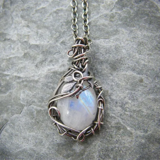 Rainbow Moonstone Necklace Entwined in Leaves & Vines