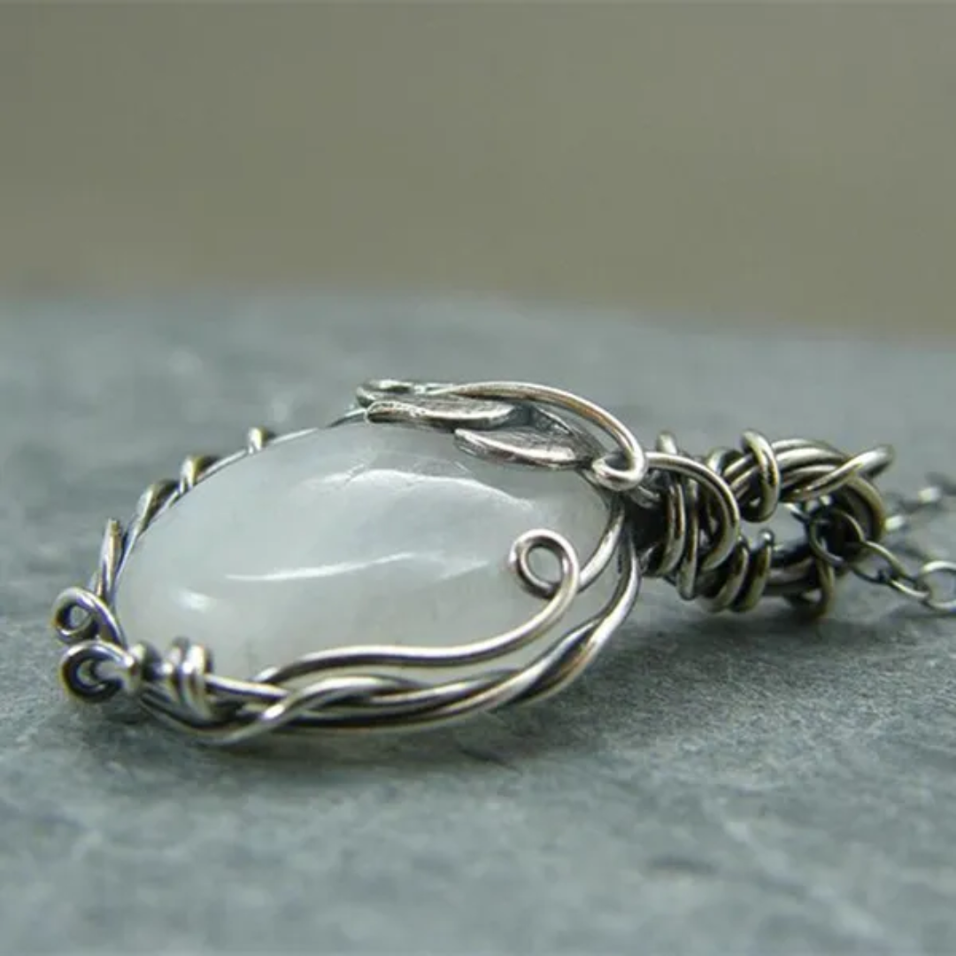 Rainbow Moonstone Necklace Entwined in Leaves & Vines