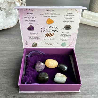 This stunning set of five crystal tumblestones are perfect for the innovative, progressive and rebellious Aquarius The set includes; Hematite for stability, Amethyst for peace, Yellow Jade for wisdom, Labradorite for transformation and Amazonite for courage Beautifully presented in a magnetic closure gift box with information regarding each crystal, and a velvet drawstring bag to keep the your crystals protected