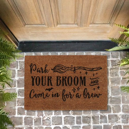 Elevate your home aesthetic while inviting guests in with this printed natural coir doormat proclaiming 'Park Your Broom and Come In For Brew'!  Makes a fun welcome at the front door of any witch's lair!