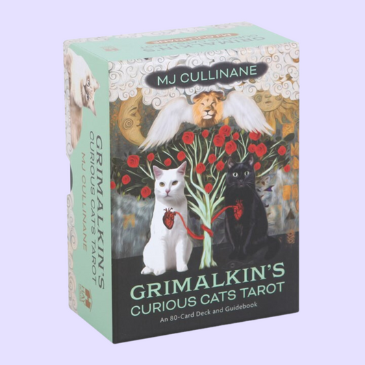 The Grimalkin's Curious Cats Tarot card deck by MJ Cullinane includes 80 cards and an informative127-page guidebook. This deck utilises a breath-taking array of surreal cat imagery to symbolise the connection between human and feline. Beautifully presented in a matching box