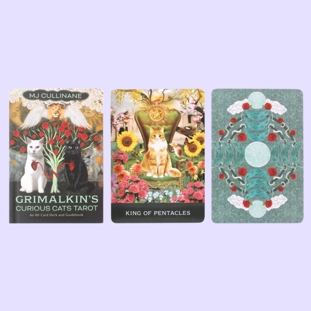 The Grimalkin's Curious Cats Tarot card deck by MJ Cullinane includes 80 cards and an informative127-page guidebook. This deck utilises a breath-taking array of surreal cat imagery to symbolise the connection between human and feline. Beautifully presented in a matching box