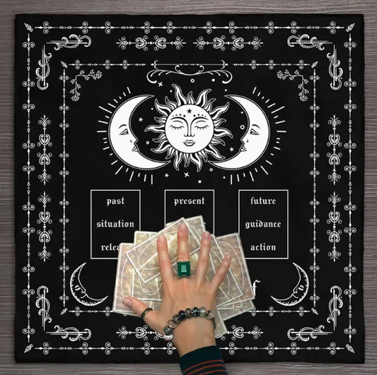 Useful for three to nine-card tarot spreads, this cotton altar cloth features a celestial designs for laying a linear card spread