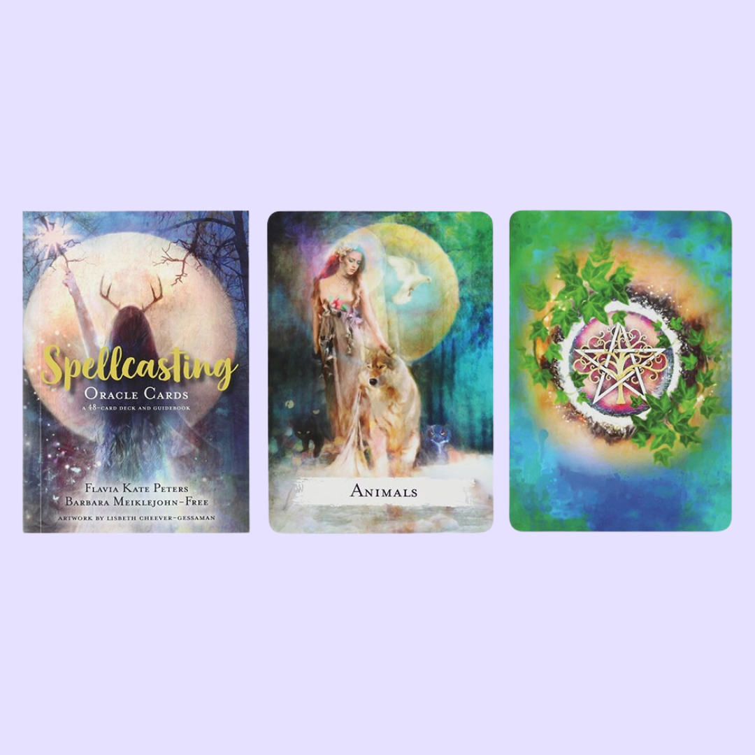 The Spellcasting Oracle card deck by Flavia Kate Peters and Barbara Meiklejohn-Free includes a 48-card deck and guidebook. This deck helps to redirect magickal forces for manifesting a person's deepest desires. Illustrated by Lisbeth Cheever-Gessama