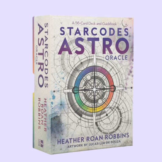 The Starcodes Astro oracle card deck by Heather Roan Robbins includes a 56-card deck and a guidebook with 135 pages of information to help guide you on your spiritual journey. This deck delivers messages from the universe and deepens the reader's knowledge of astrological terminology with each draw. Beautifully illustrated by Lucas De Souza and presented in a matching sliding box