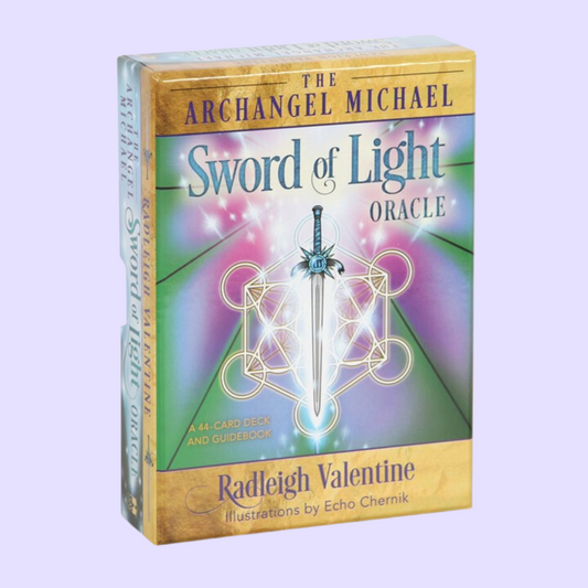 The Archangel Michael Sword of Light oracle card deck by Radleigh Valentine includes a 44-card deck and 120 page guidebook. This deck features a modern take on the archangel Michael that will uplift and inspire the user with symbols of love and light. Beautifully presented in a matching box and illustrated by Echo Chernik