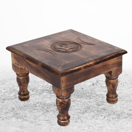 Elevate your spiritual practices with this stunning and functional hand-carved Triple Moon Altar Table, perfect for enhancing the aesthetics of any ritual or ceremony and imbue your sacred space with natural beauty and grace through the symbolism of the triple moon