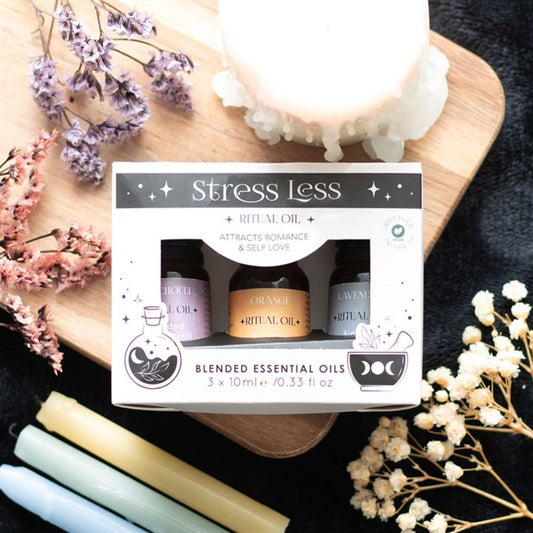 This Set of 3 Stress Less Ritual Blended Essential Oils will create an atmosphere of relaxation, calmness, and blissful serenity