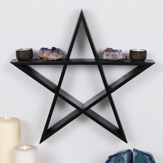 Spice up any space with this gothic-inspired wall shelf in the shape of a pentagram! It is perfect for showcasing your prized possessions and unique curiosities