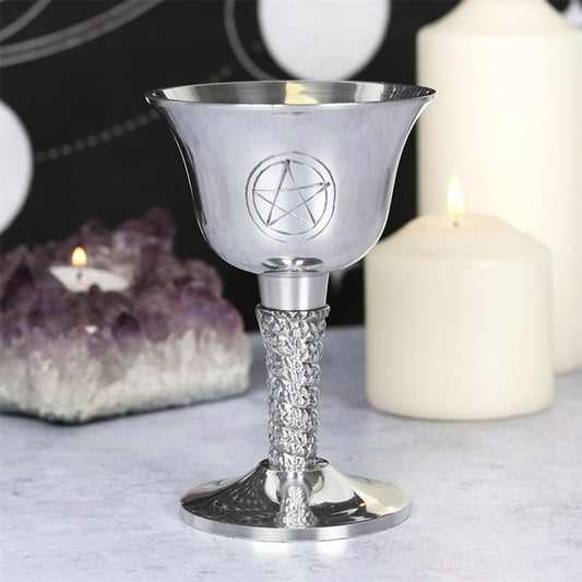 This silver metal chalice features a hand-carved pentagram design and twisted vine accent along the stem