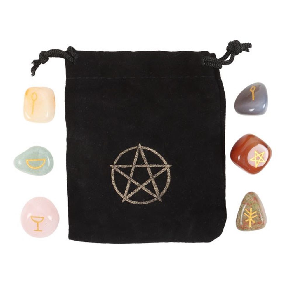 This witches guide to crystals gift set includes everything needed to cast stones for divination. Use the 6 included tumblestones and casting chart to amplify intentions and attract positivity. Crystals include The Candle (grey agate), The Chalice (rose quartz), The Broomstick (unakite), The Wand (yellow aventurine), The Cauldron (aventurine light), and The Pentagram (Brazil agate) with a velvet drawstring bag for safe keeping. Presented in an informational gift box