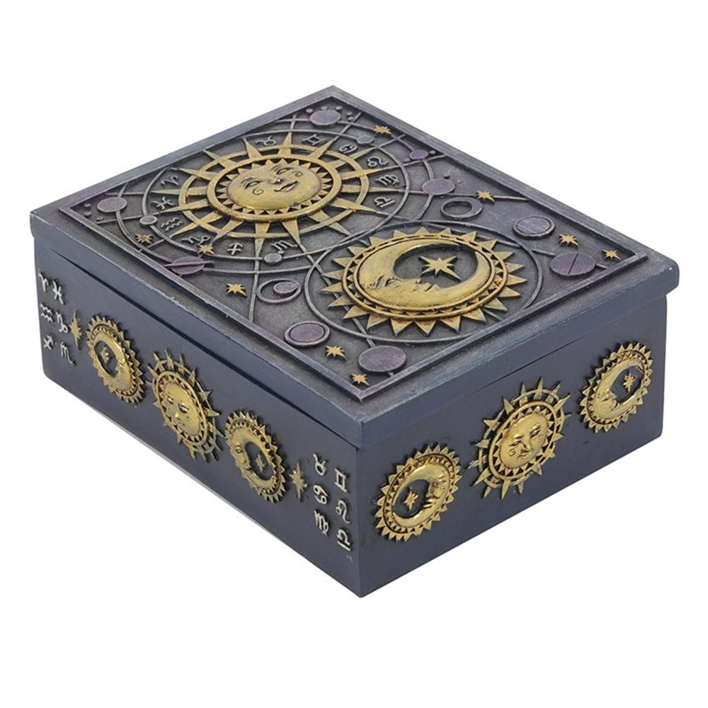 This stunning resin box is intricately designed with raised astrology symbols and a detailed sun and moon designs with a gold finish. This celestial style is perfect for holding tarot card decks, crystals, herbs and other small objects for safe keeping