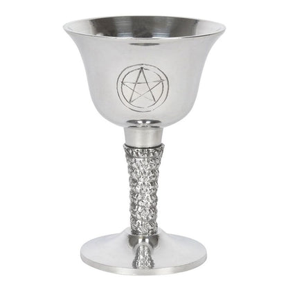 This silver metal chalice features a hand-carved pentagram design and twisted vine accent along the stem