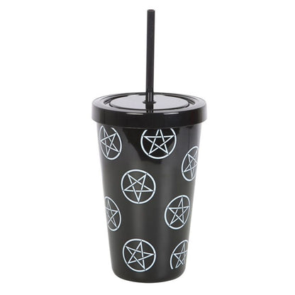 This tumbler is more than a drinkware item; it's a statement piece. The bold white pentagram design set against the sleek black background creates a striking contrast, turning an everyday object into a symbol of unique style