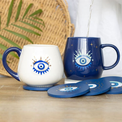 This stylish coaster set features four unique designs depicting the All Seeing Eye, neatly contained in a matching blue holder. Ideal for adding a touch of eccentricity to any household décor