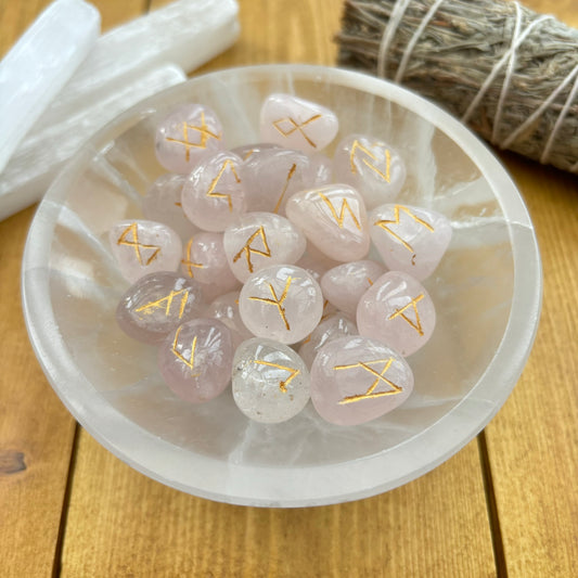 Complete Set of Rose Quartz Crystal Runes With Pouch