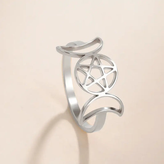 Triple Moon & Pentagram Silver Ring