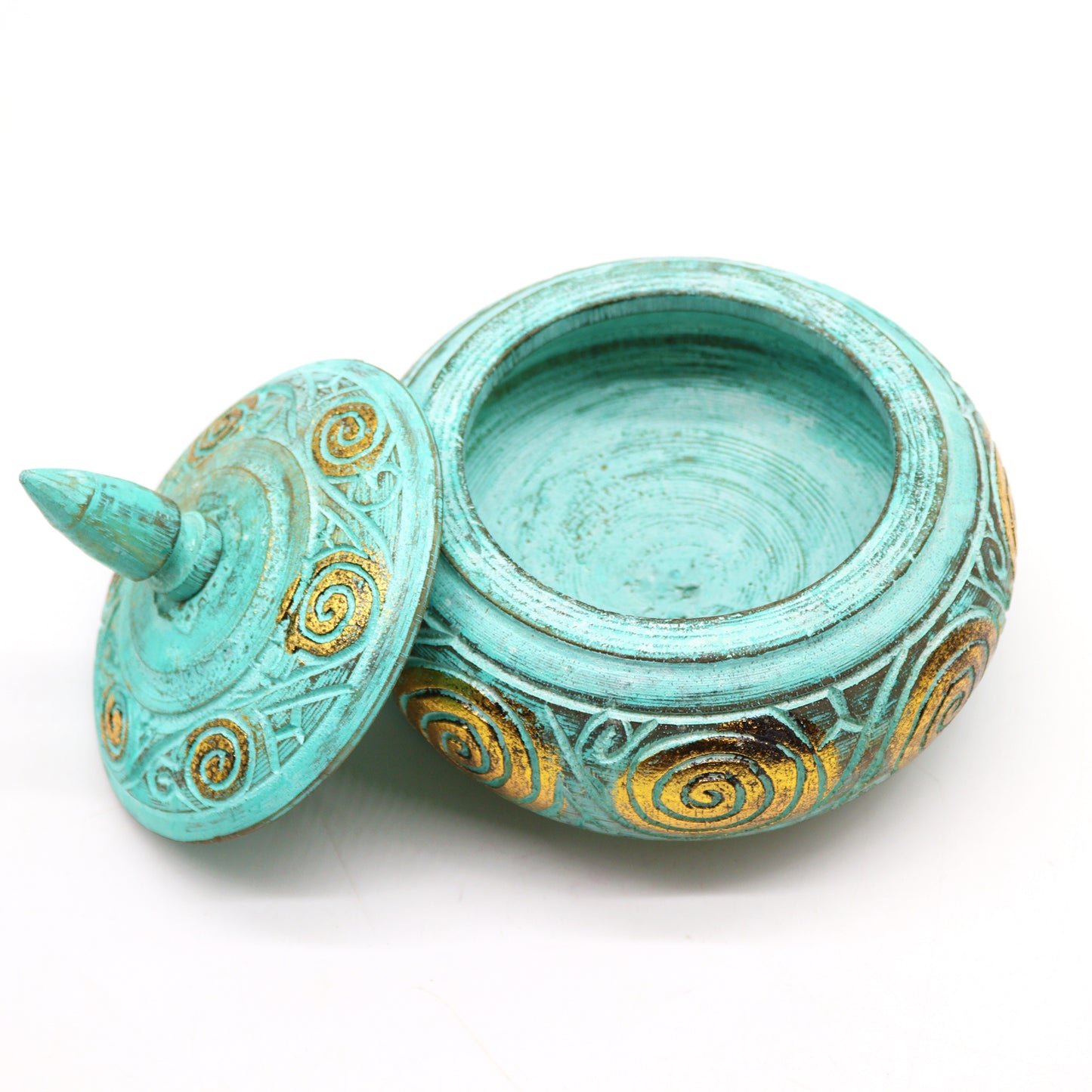 Turquoise and Gold Wooden Jar