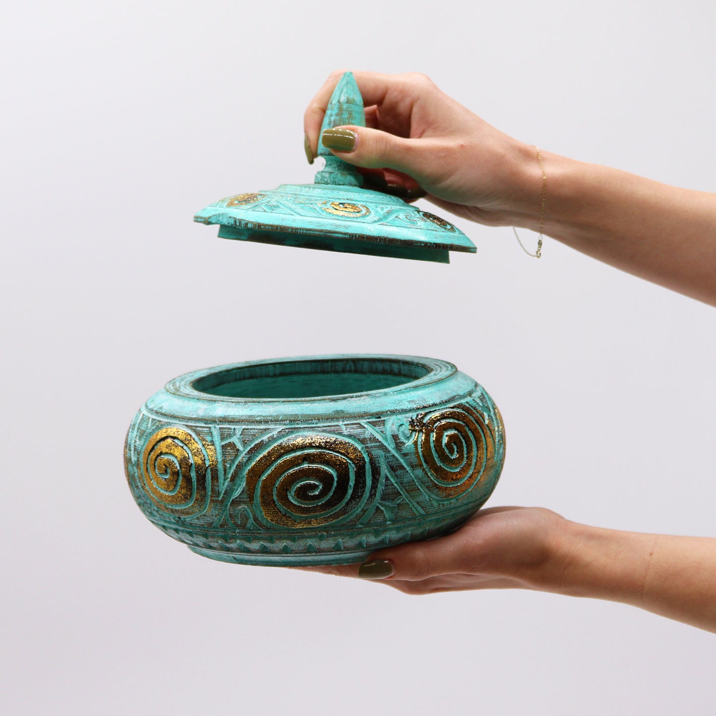 Turquoise and Gold Wooden Jar