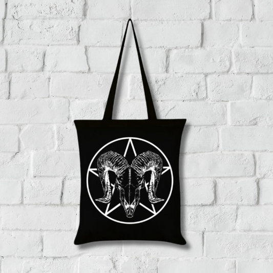 Pentagrama de calavera de carnero negro Bolsa de tela 