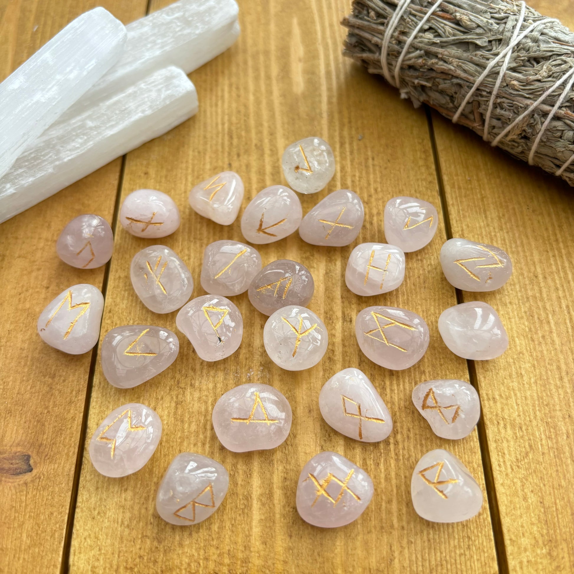 Complete Set of Rose Quartz Crystal Runes With Pouch