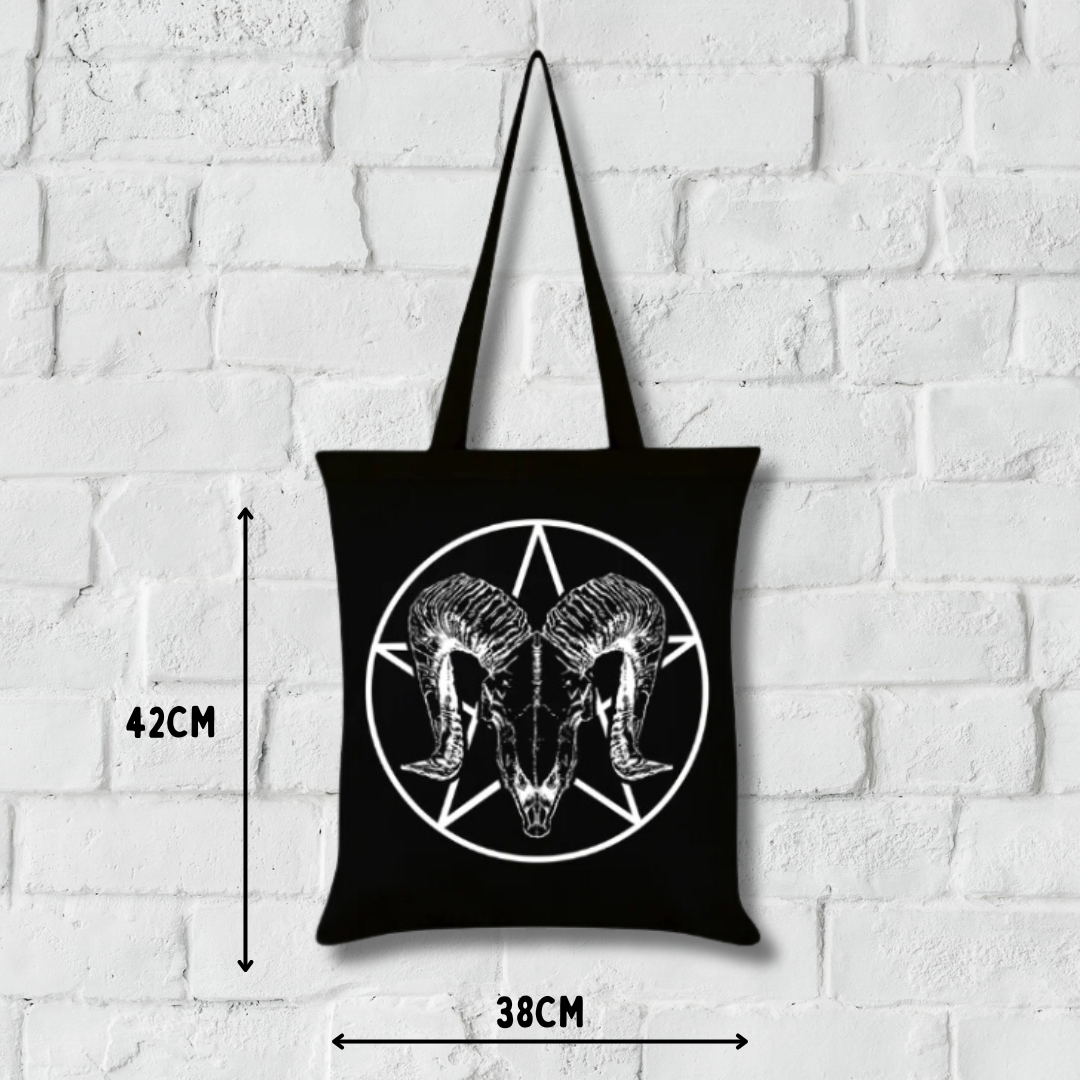 Ram Skull Pentagram Black Tote Bag