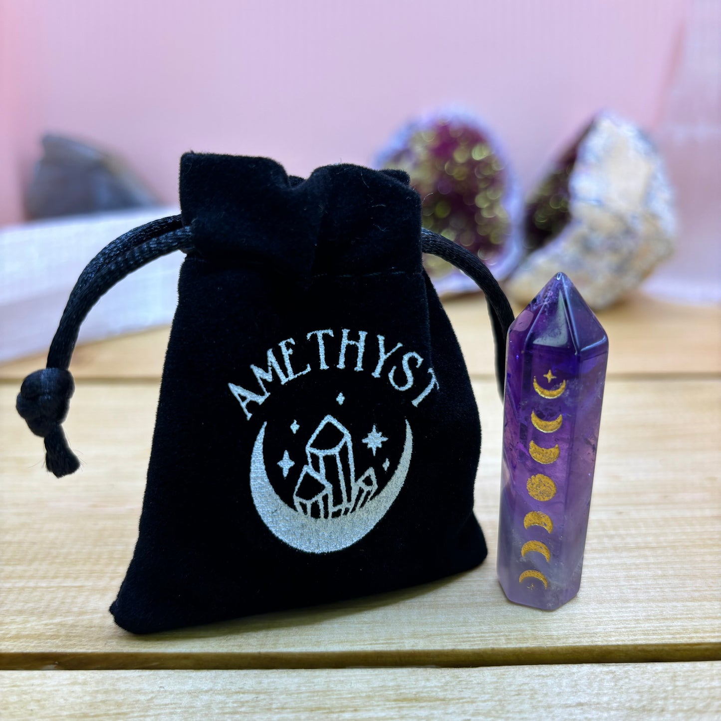 Amethyst Moon Phase Crystal Point & Gift Pouch