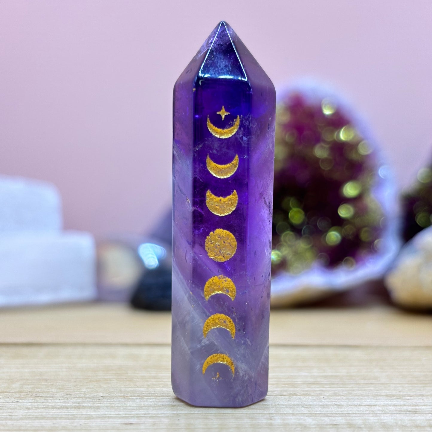 Stunning Amethyst Crystal Point Engraved With Moon Phases