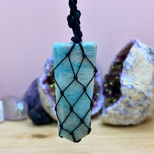 Amazonite Laced Flat-Point Crystal Pendant