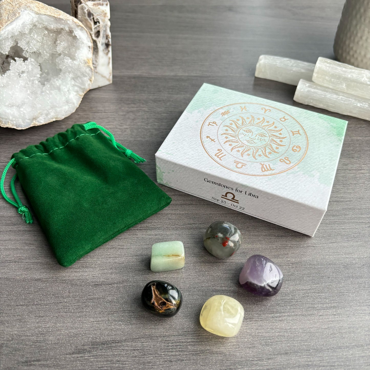 This stunning set of five crystal tumblestones are perfect for the generous, charming and well-balanced Libra  The set includes; Bloodstone for power, Green Aventurine for opportunity, Amethyst for peace, Tiger's Eye for courage and Lemon Quartz for clarity  Beautifully presented in a magnetic closure gift box with information regarding each crystal, and a velvet drawstring bag to keep the your crystals protected