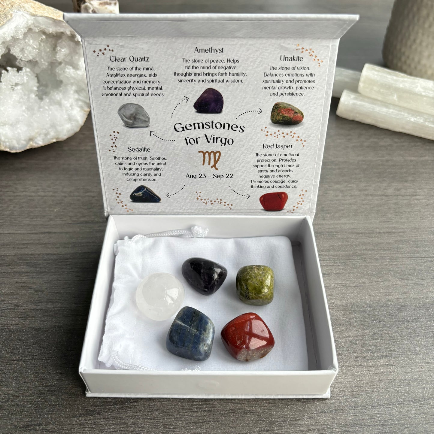 This stunning set of five crystal tumblestones are perfect for the reliable, hard-working and organised Virgo. The set includes Clear Quartz for balance, Amethyst for peace, Sodalite for clarity, Unakite for patience and Red Jasper for emotional protection. Beautifully presented in a magnetic closure gift box with information regarding each crystal, and a velvet drawstring bag to keep the tumblestones protected