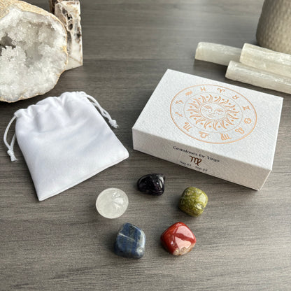 This stunning set of five crystal tumblestones are perfect for the reliable, hard-working and organised Virgo. The set includes Clear Quartz for balance, Amethyst for peace, Sodalite for clarity, Unakite for patience and Red Jasper for emotional protection. Beautifully presented in a magnetic closure gift box with information regarding each crystal, and a velvet drawstring bag to keep the tumblestones protected