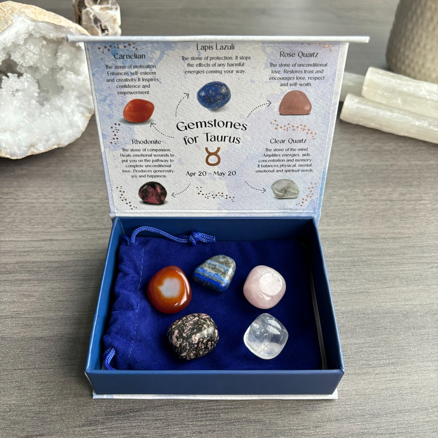 This stunning set of five crystal tumblestones are perfect for the patient, loyal and determined Taurus. The set includes Carnelian for motivation, Lapis Lazuli for protection, Rose Quartz for unconditional love, Rhodonite for compassion and Clear Quartz for balance. Beautifully presented in a magnetic closure gift box with information regarding each crystal, and a velvet drawstring bag to keep the tumblestones protected