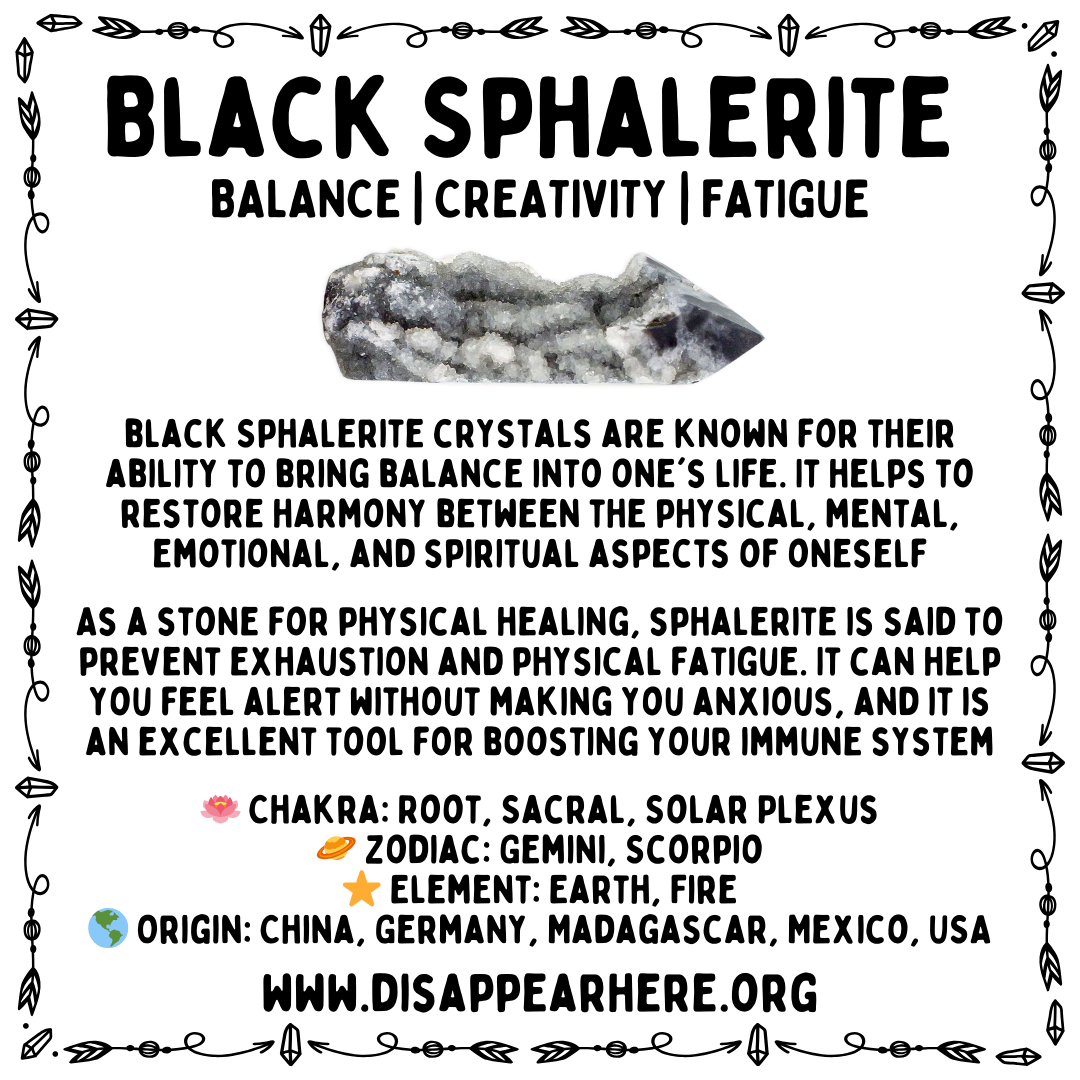 Black Sphalerite Crystal Information Card