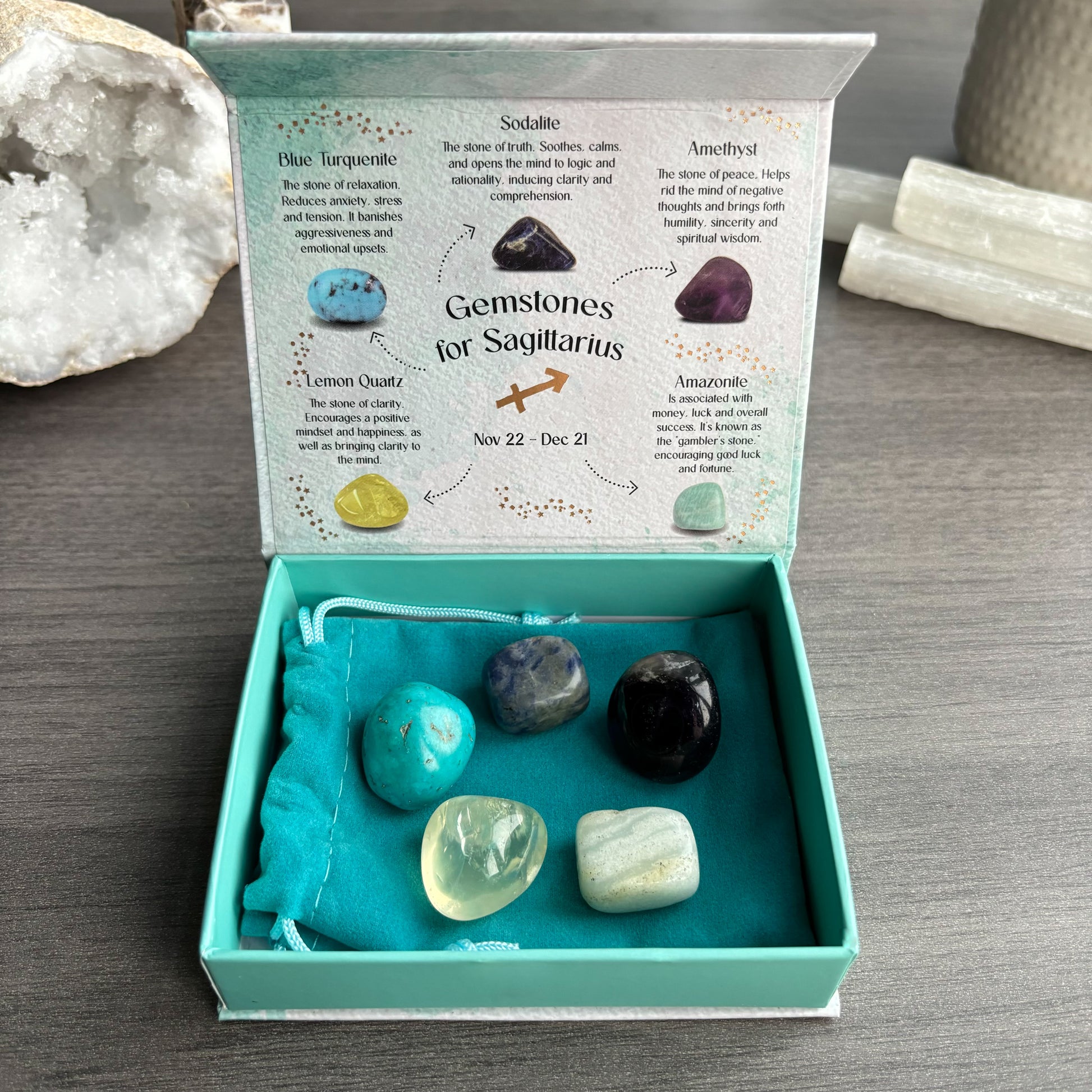 This stunning set of five crystal tumblestones are perfect for the optimistic, lively and fair-minded Sagittarius. The set includes Blue Turquenite for relaxation, Sodalite for intuition, Amethyst for peace, Lemon Quartz for clarity and Amazonite for love and loyalty. Beautifully presented in a magnetic closure gift box with information regarding each crystal, and a velvet drawstring bag to keep the tumblestones protected