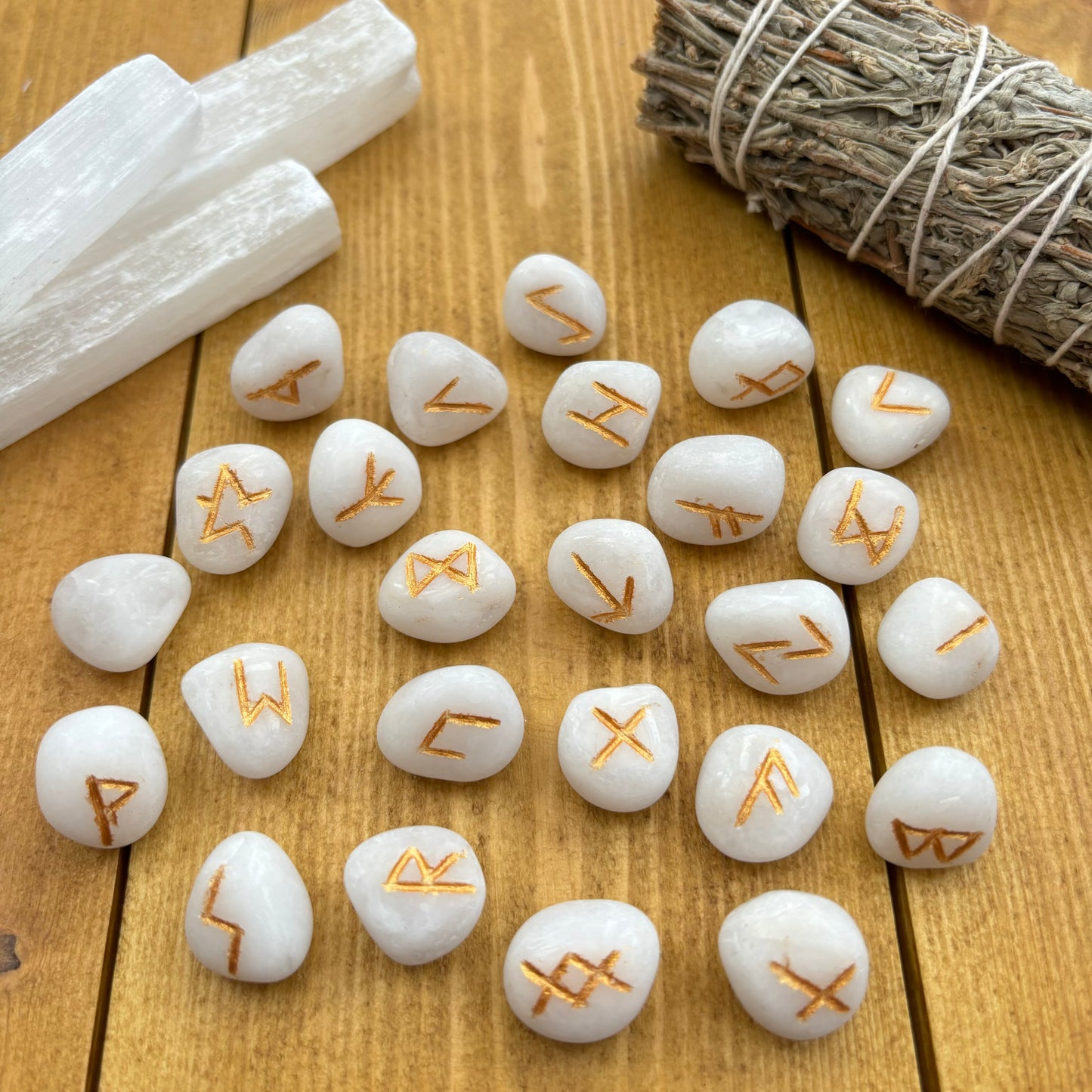 Complete Set of White Agate Crystal Runes With Pouch