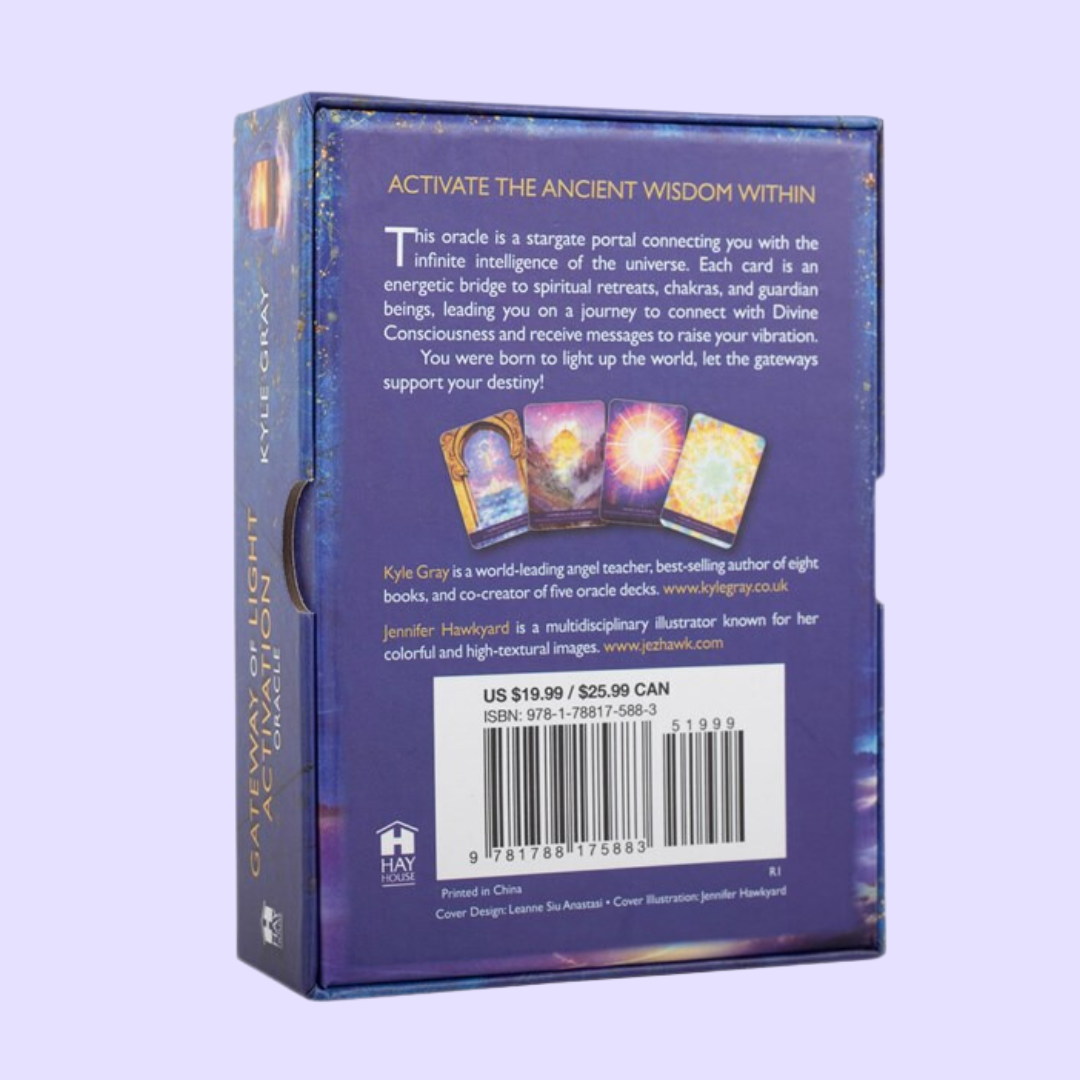 The Gateway of Light Activation oracle card deck by Kyle Gray includes a 44-card deck and a guidebook with 167 pages of information to help guide you on your spiritual journey. This oracle is a stargate portal connecting you with the infinite intelligence of the universe. Each card is an energetic bridge to spiritual retreats, chakras, and guardian beings. Beautifully illustrated by Jennifer Hawkyard and presented in a matching sliding box.