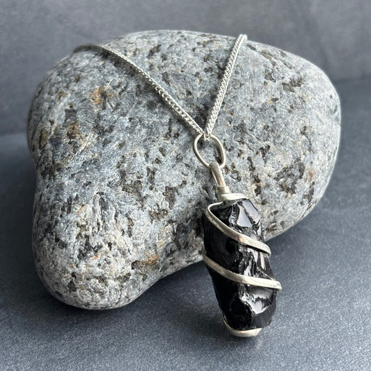 Rough Black Onyx Cascade Wrapped Silver Necklace
