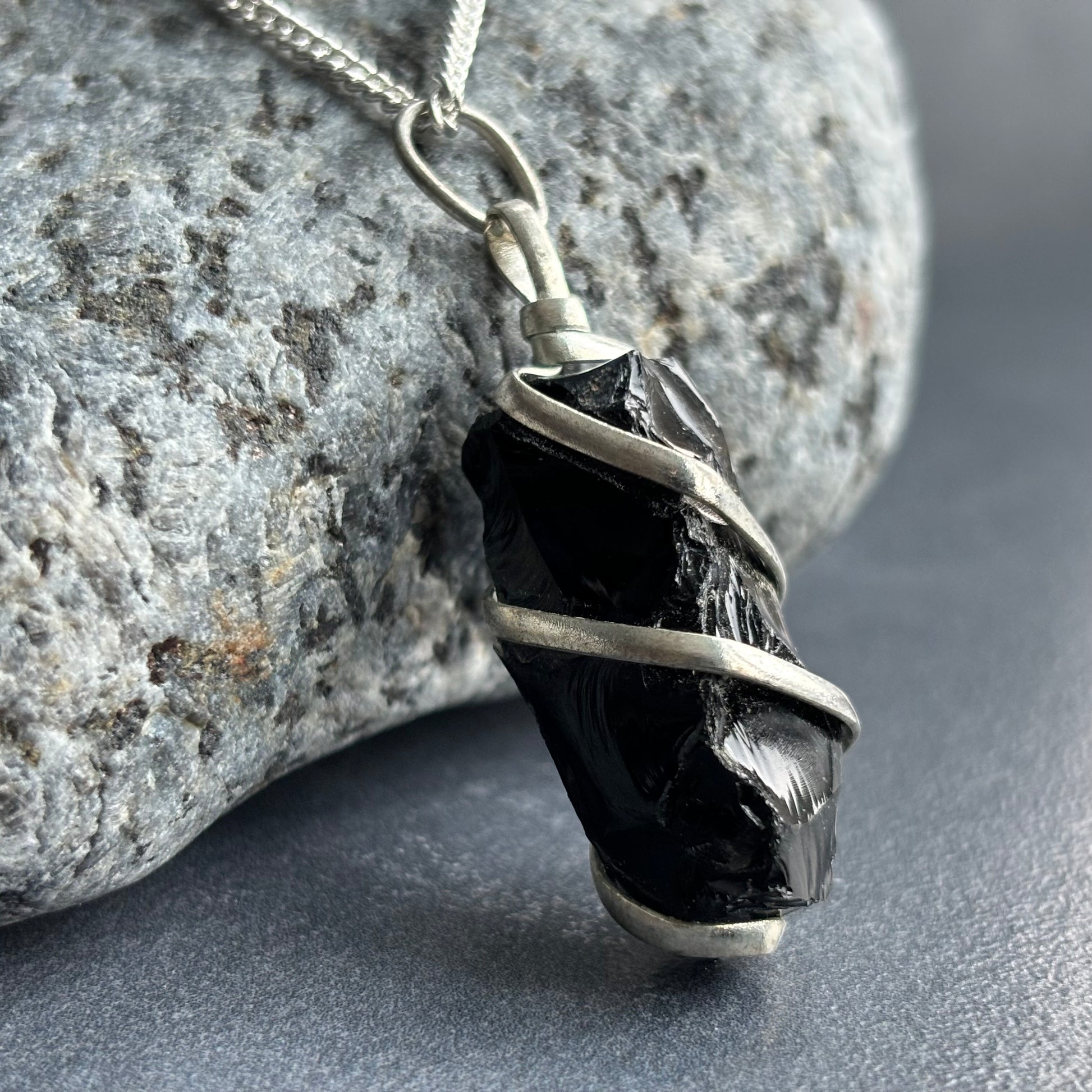 Rough Black Onyx Cascade Wrapped Silver Necklace