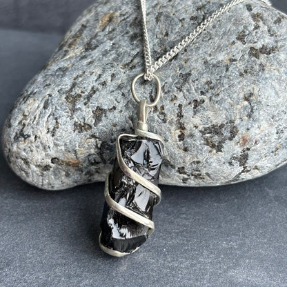 Rough Black Onyx Cascade Wrapped Silver Necklace