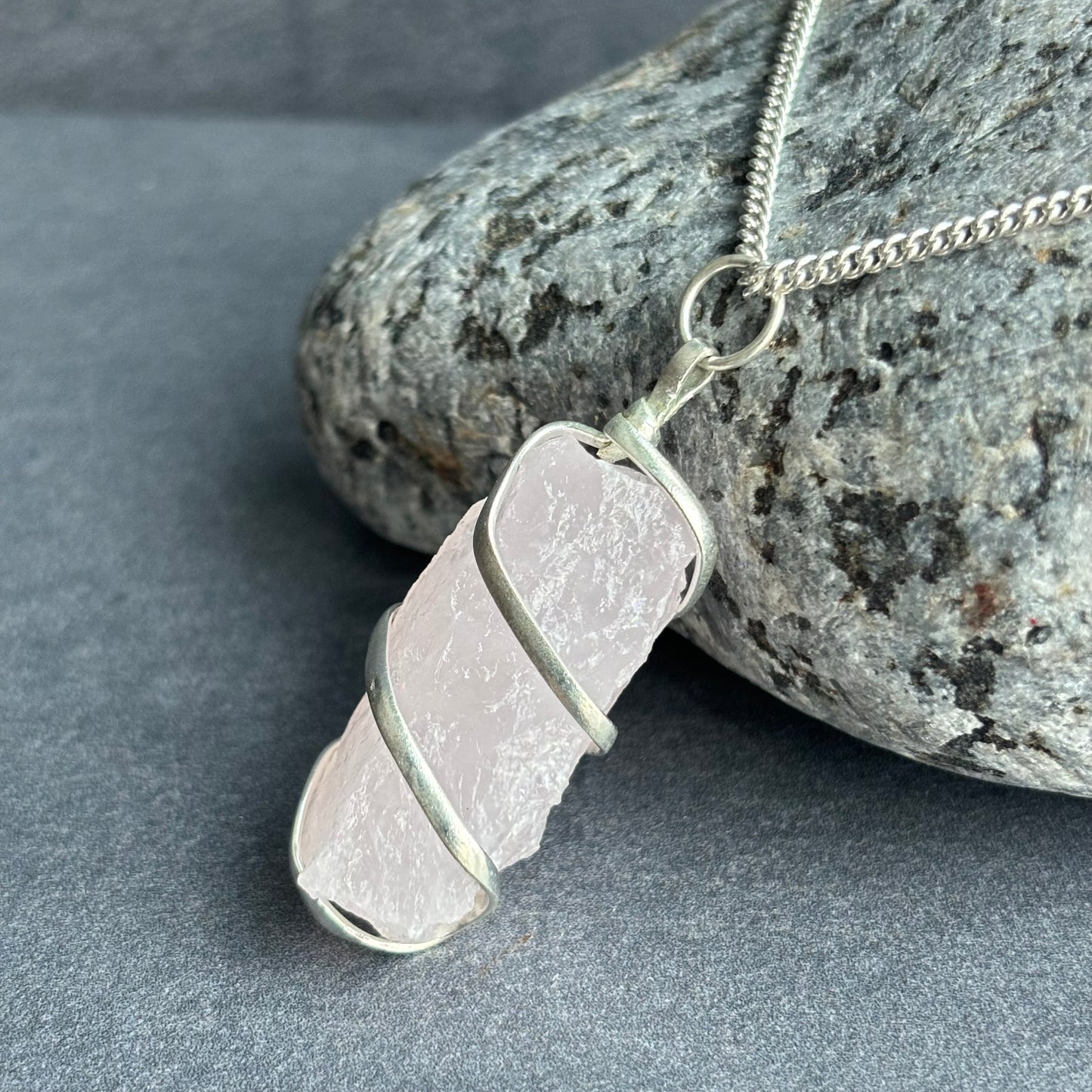 Rough Rose Quartz Cascade Silver Necklace