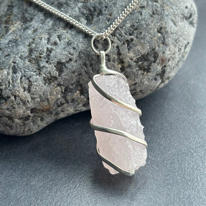 Rough Rose Quartz Cascade Silver Necklace