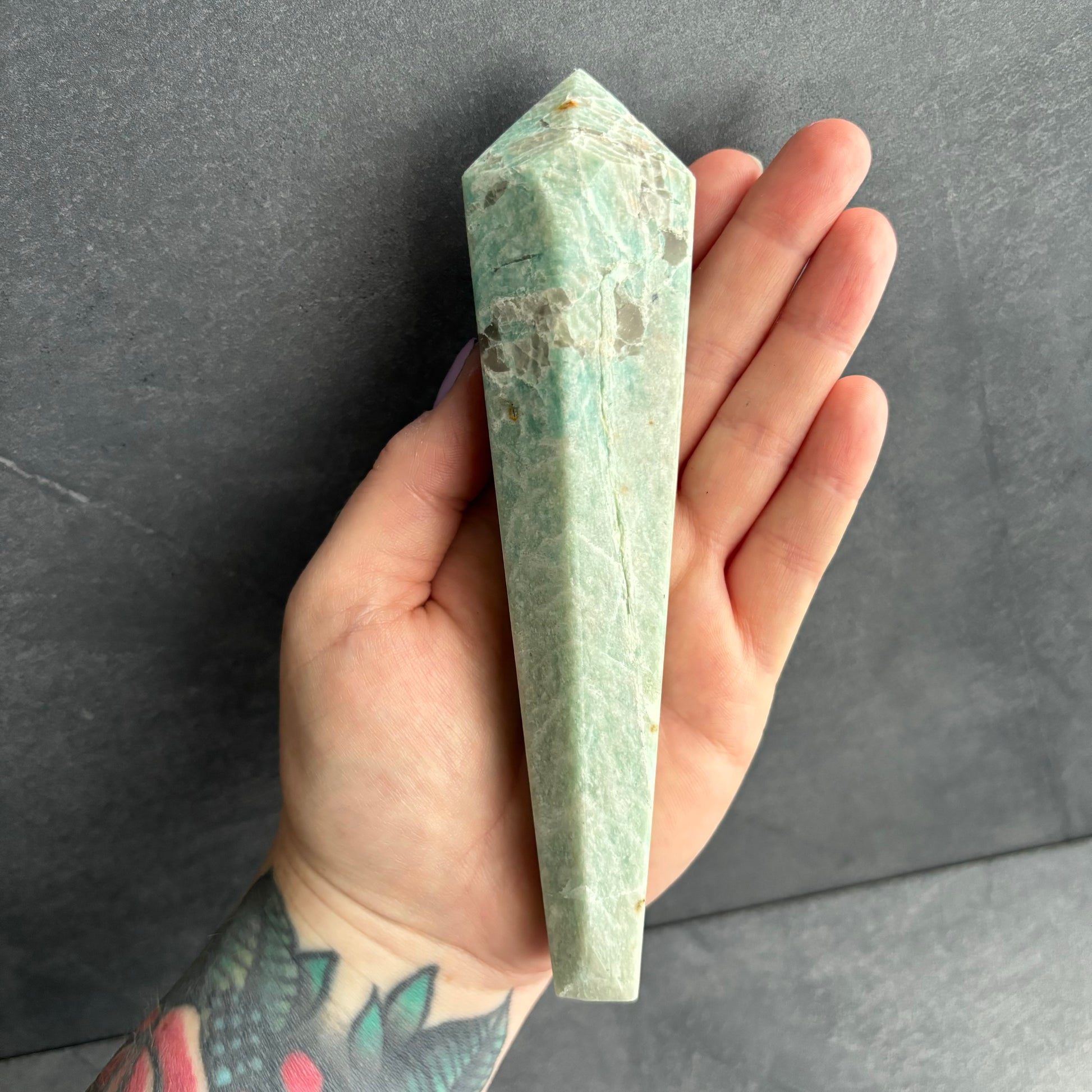 Green Amazonite Crystal Wand with Smoky Quartz Inclusions Crystal Wand