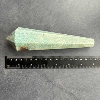 Amazonite Crystal Wand with Smoky Quartz Inclusions