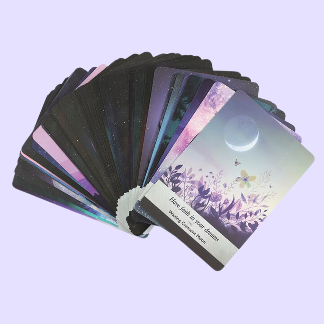 The Moonology Oracle card deck by Yasmin Boland includes a 44-card deck and guidebook. This deck captures the power of the moon in order to guide the user on their spiritual path. Beautifully presented and illustrated by Nyx Rowa