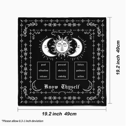 Useful for three to nine-card tarot spreads, this cotton altar cloth features a celestial designs for laying a linear card spread