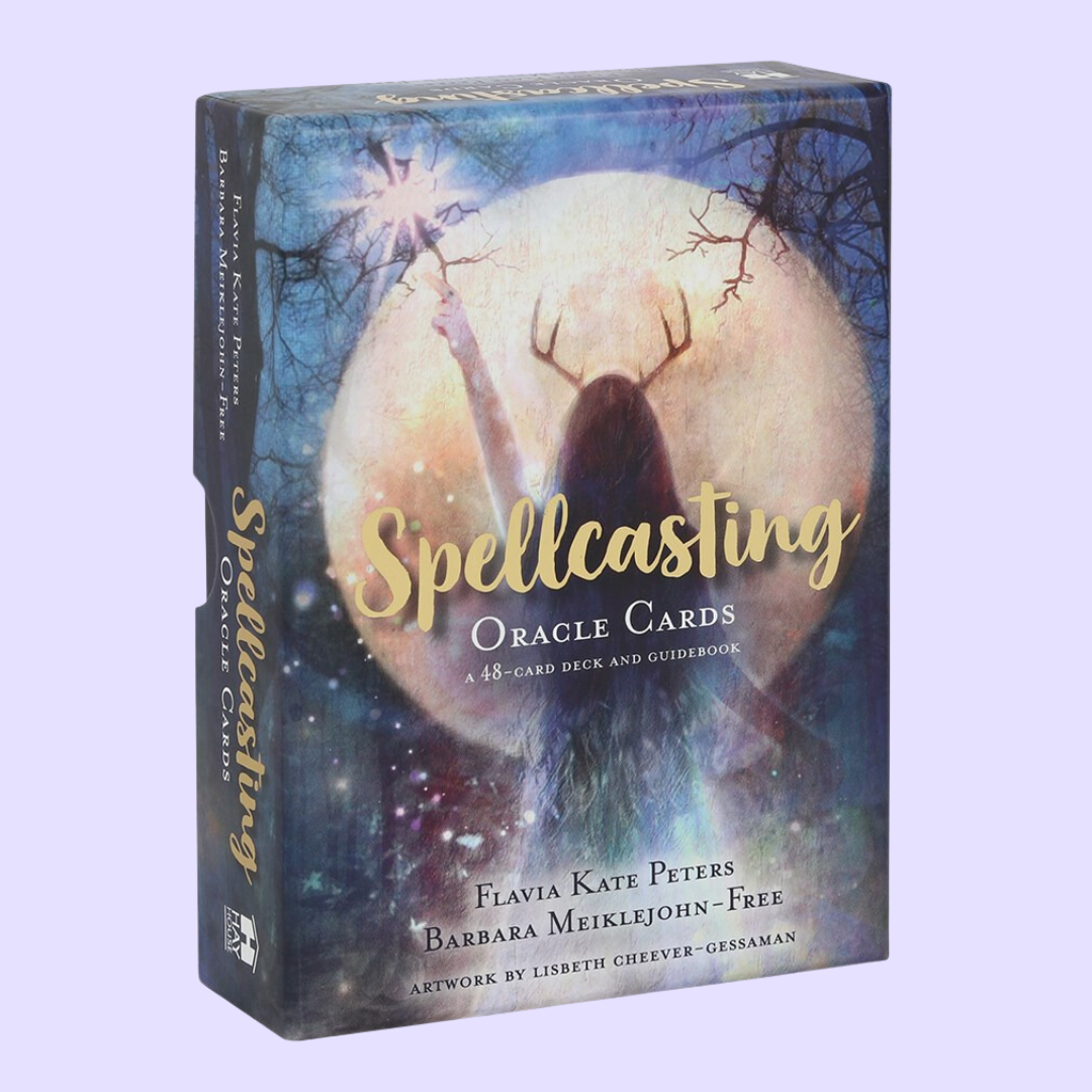 The Spellcasting Oracle card deck by Flavia Kate Peters and Barbara Meiklejohn-Free includes a 48-card deck and guidebook. This deck helps to redirect magickal forces for manifesting a person's deepest desires. Illustrated by Lisbeth Cheever-Gessama