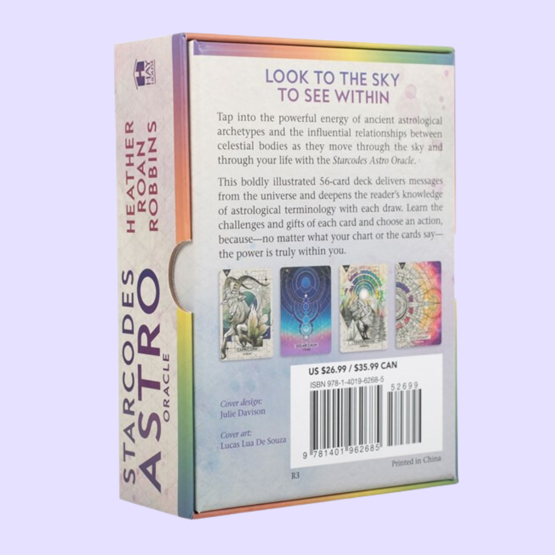 The Starcodes Astro oracle card deck by Heather Roan Robbins includes a 56-card deck and a guidebook with 135 pages of information to help guide you on your spiritual journey. This deck delivers messages from the universe and deepens the reader's knowledge of astrological terminology with each draw. Beautifully illustrated by Lucas De Souza and presented in a matching sliding box